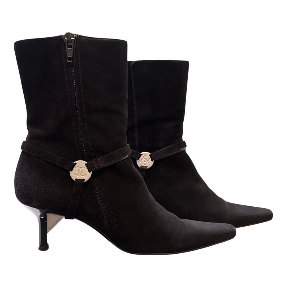 Auth Chanel Black Suede CC Buckle Zipper Kitten Heel Boots W/Box Size 36.5